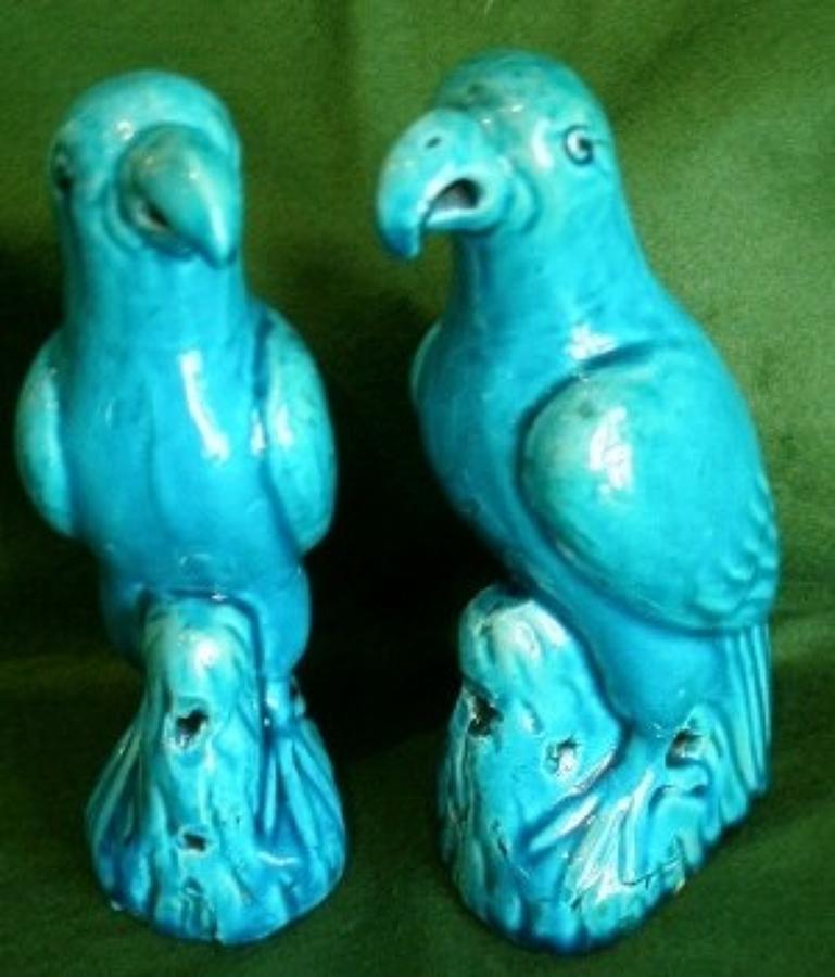 Pair of 19th century pottery parrots