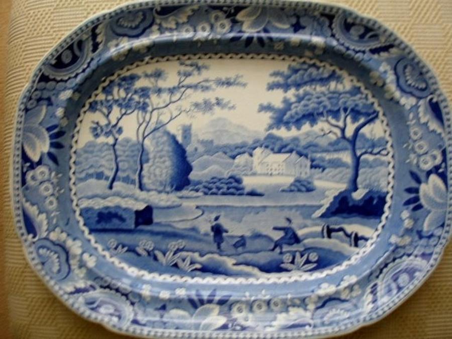 Lakeside Meeting - Blue and white 19th Century platter