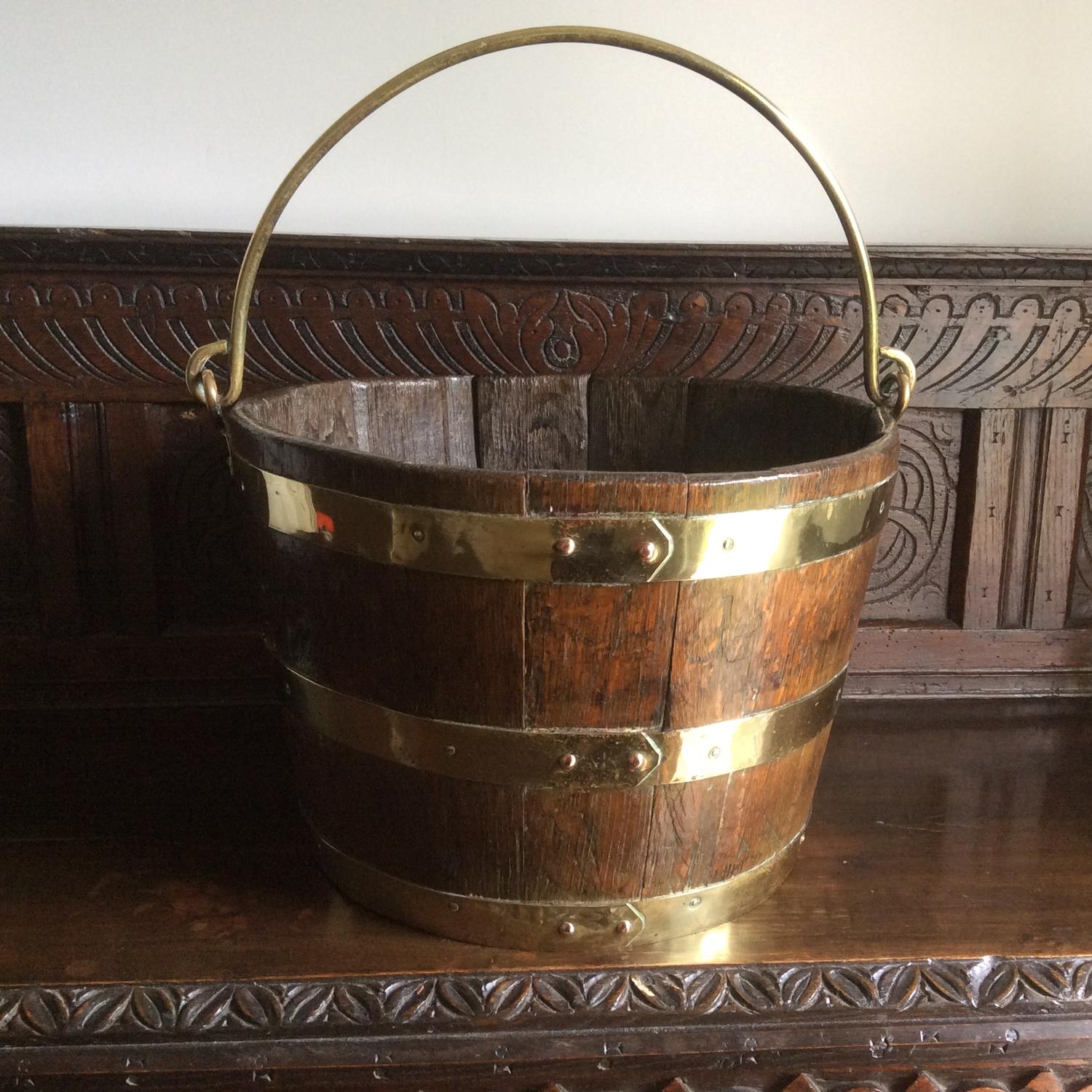 19th century oak and brass bound peat bucket