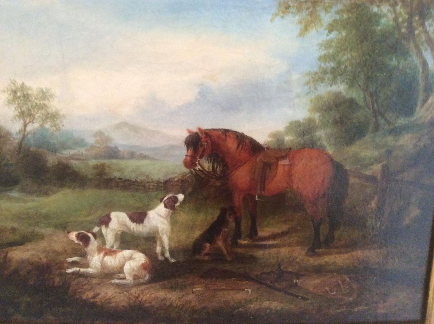 Naive 19th century oil on canvas, Horse and hounds