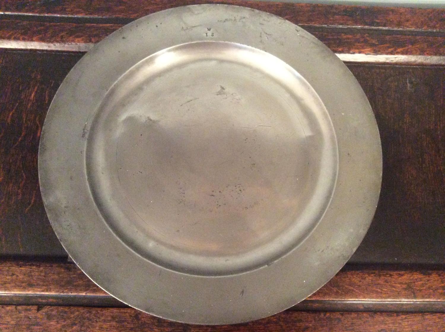 18th Century pewter charger with broad rim
