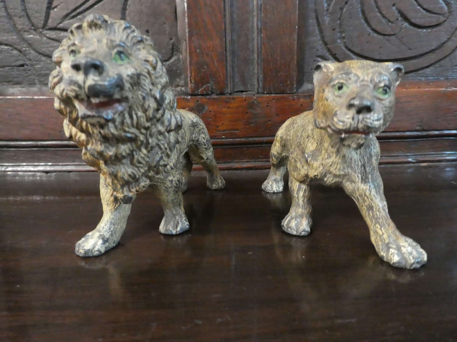 19th century cast and painted spelter lion & lioness