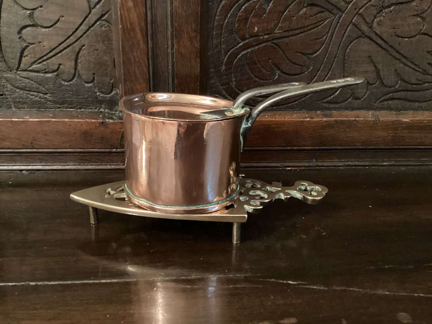 Small 19th Century copper pan and trivet